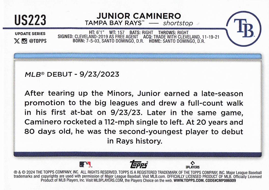 2024 Topps Update Baseball Junior Caminero #US223
