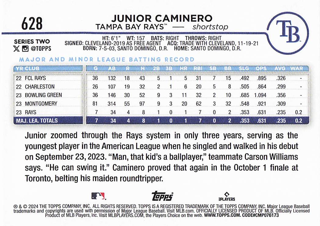 2024 Topps Baseball Junior Caminero #628 Rookie