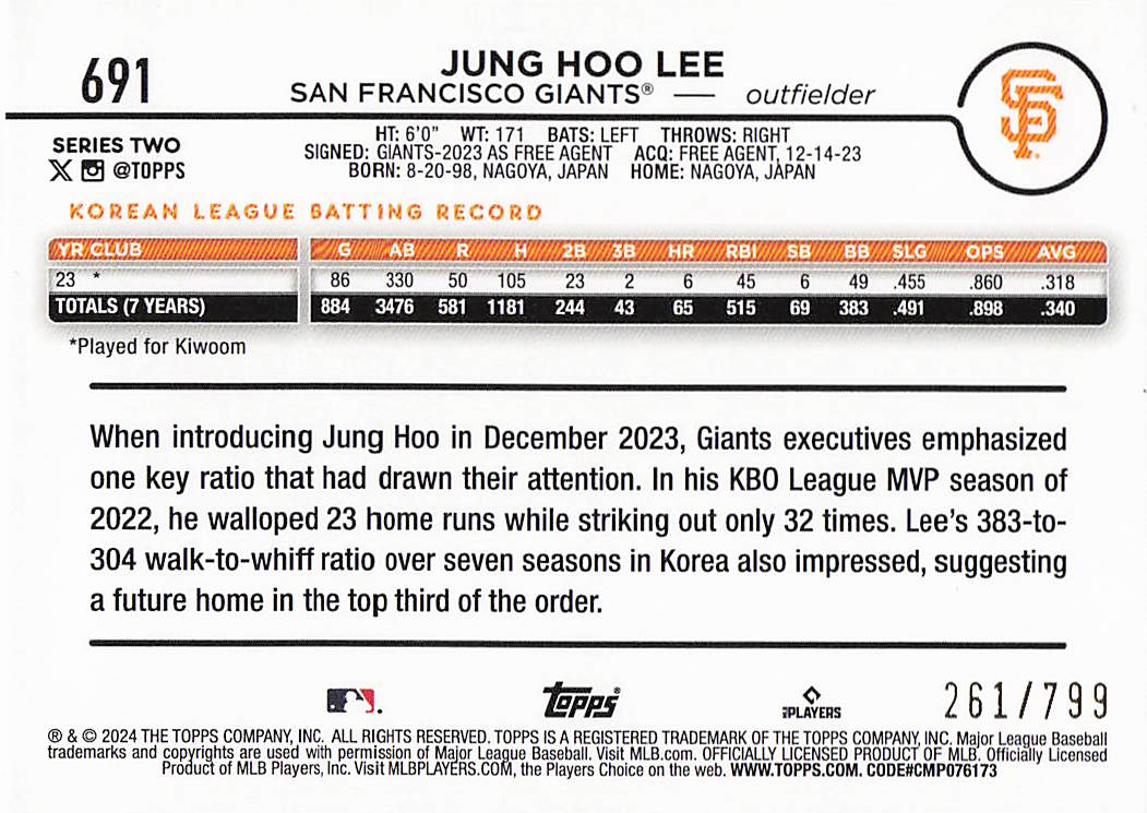 2024 Topps Baseball Purple Holofoil Jung Hoo Lee #691 Rookie