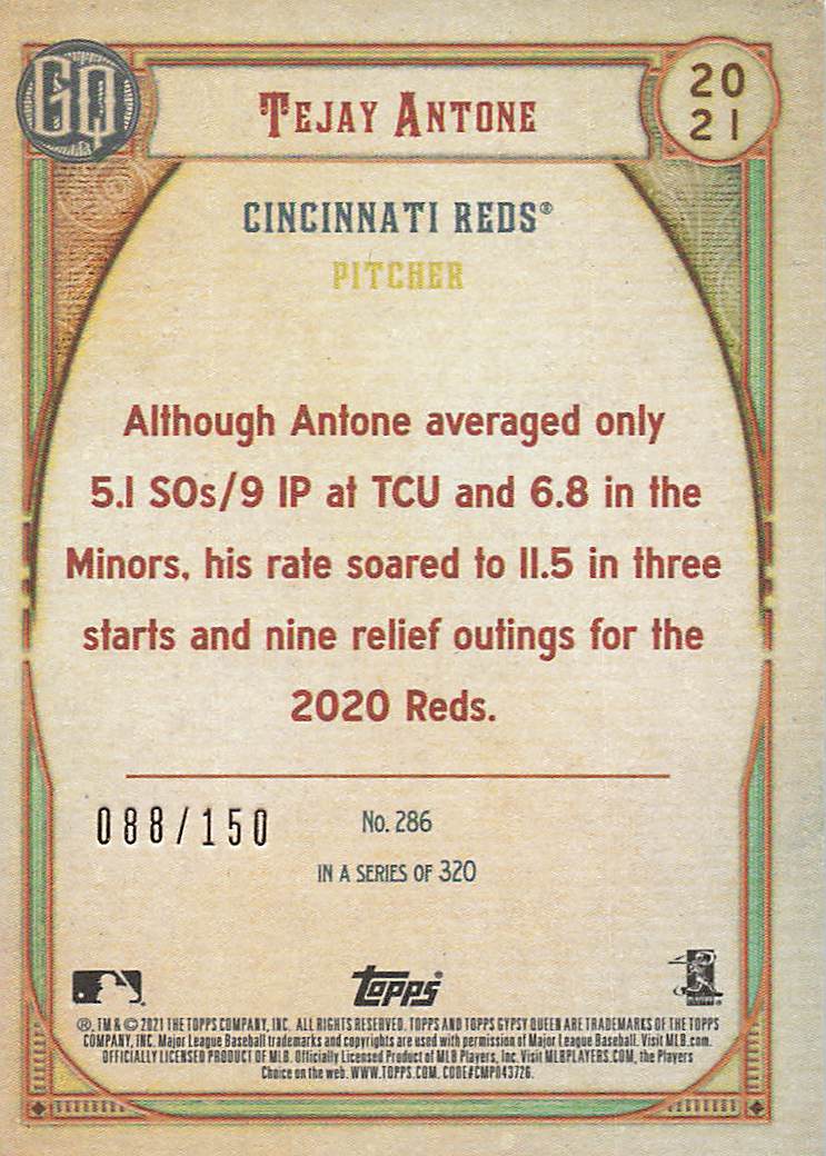 2021 Topps Gypsy Queen Baseball Blue 088/150 Tejay Antone #286 Rookie