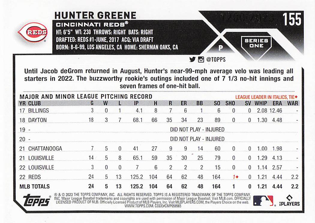2023 Topps Baseball Gold 1200/2023 Hunter Greene #155