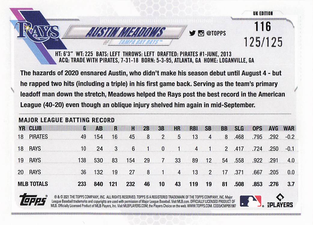 2021 Topps UK Edition Baseball Black 125/125 Austin Meadows #116