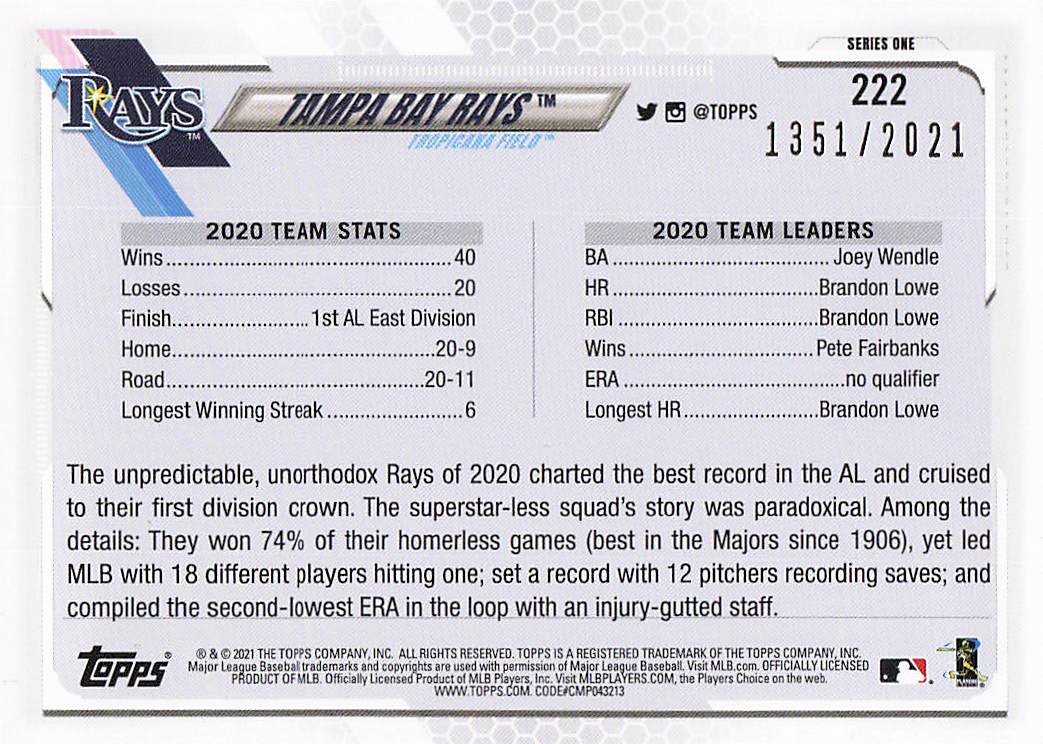 2021 Topps Baseball Gold 1351/2021 Tampa Bay Rays #222