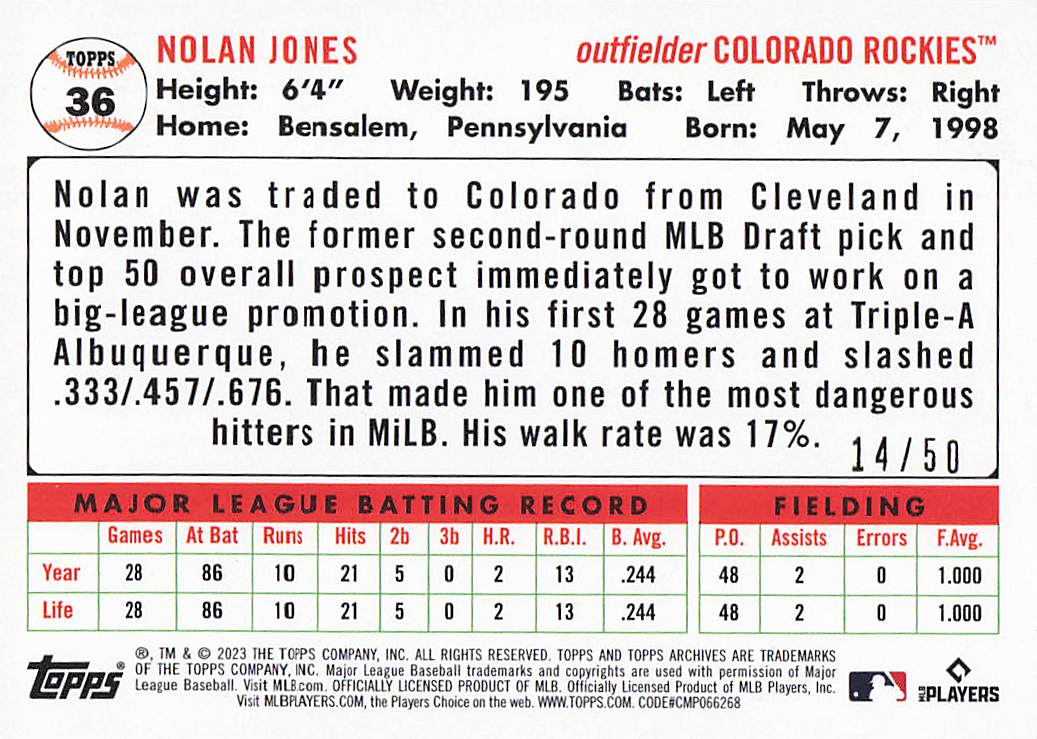 2023 Topps Archives Baseball Red Hot Foil 14/50  Nolan Jones #36