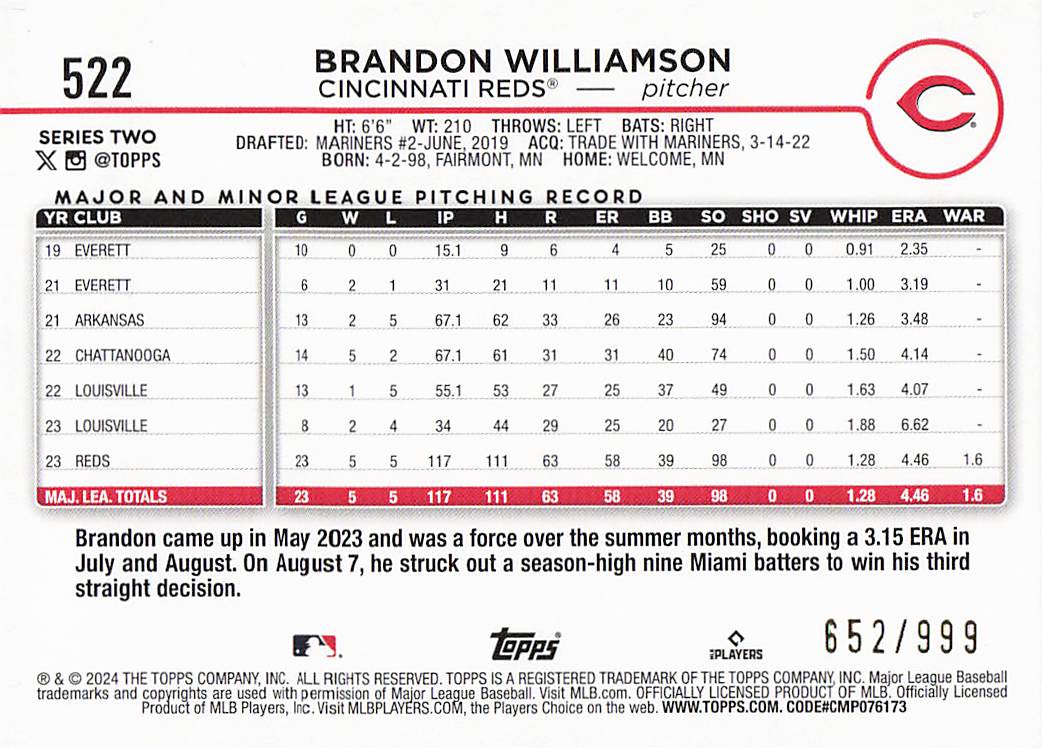 2024 Topps Baseball Blue Holofoil 652/999 Brandon Williamson #522