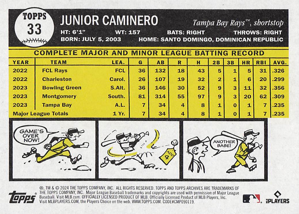 2024 Topps Archives Baseball Junior Caminero #33 Rookie