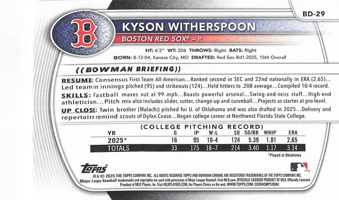 2025 Bowman Draft Baseball Kyson Witherspoon #BD-29