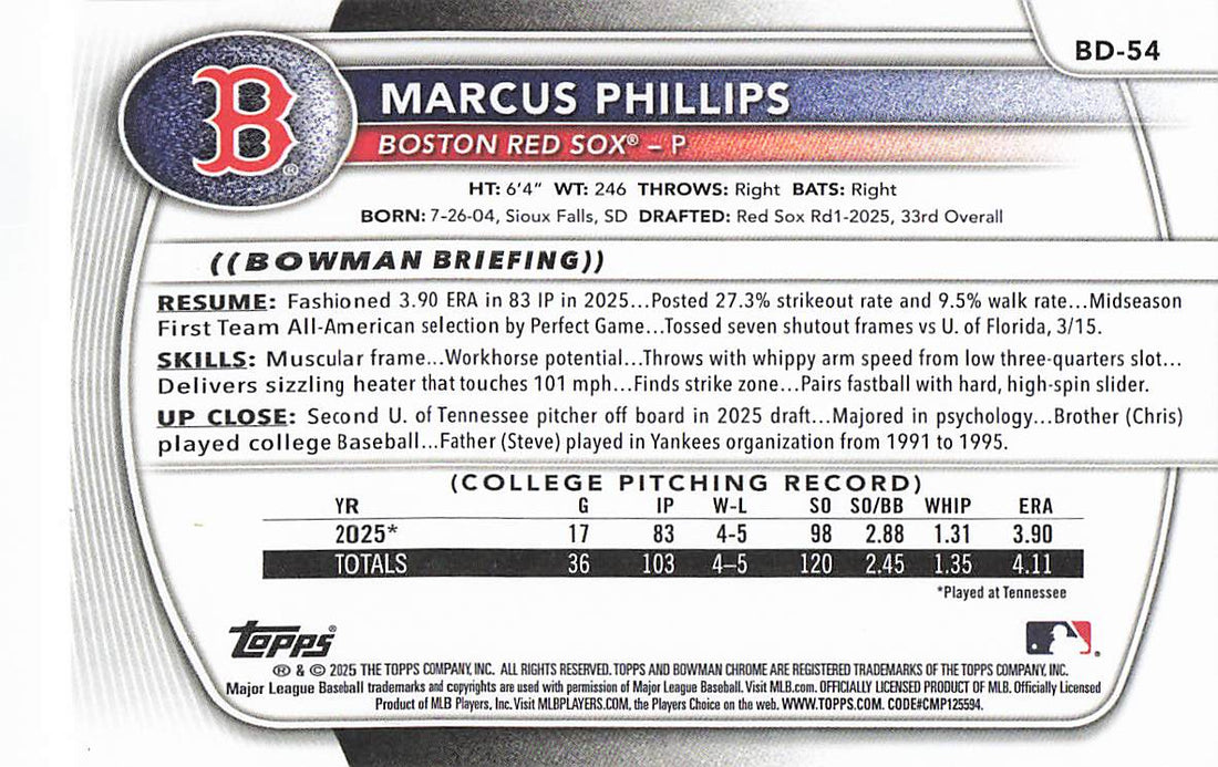 2025 Bowman Draft Baseball Marcus Phillips #BD-54