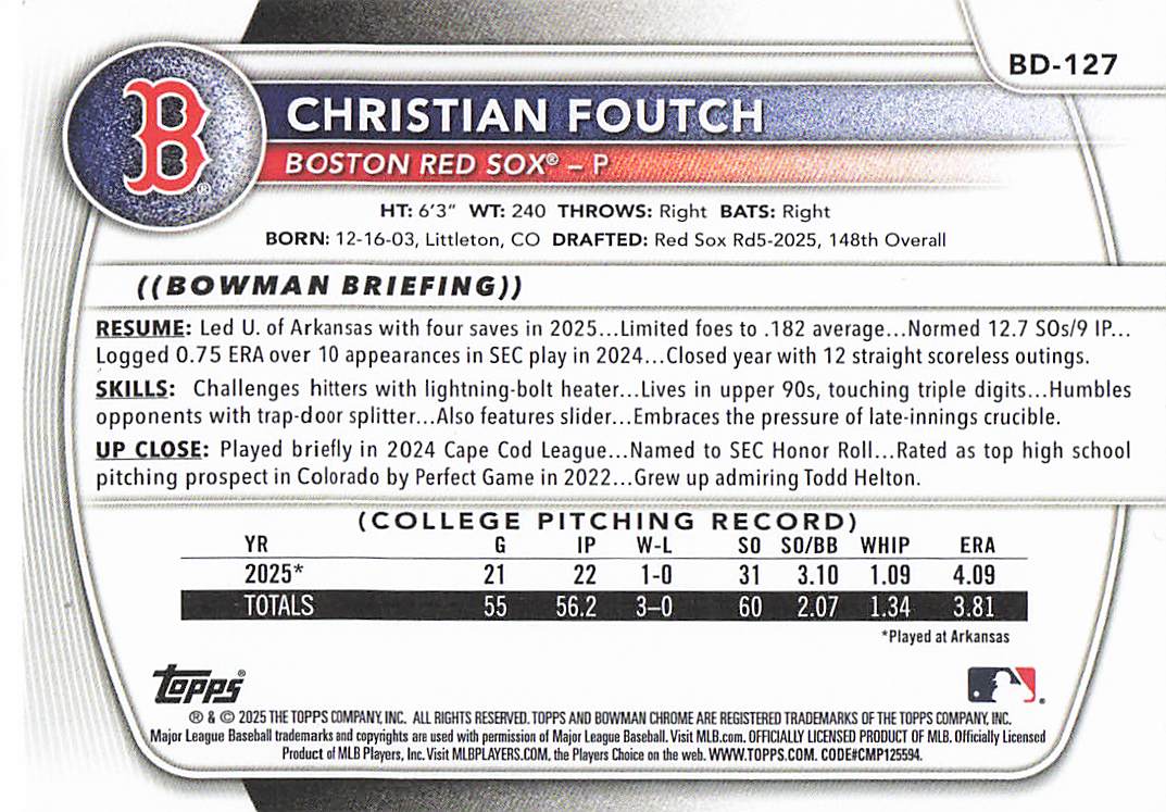 2025 Bowman Draft Baseball Christian Foutch #BD-127