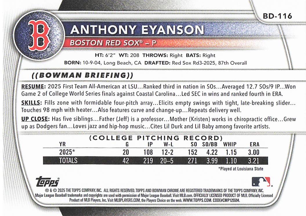 2025 Bowman Draft Baseball Anthony Eyanson #BD-116