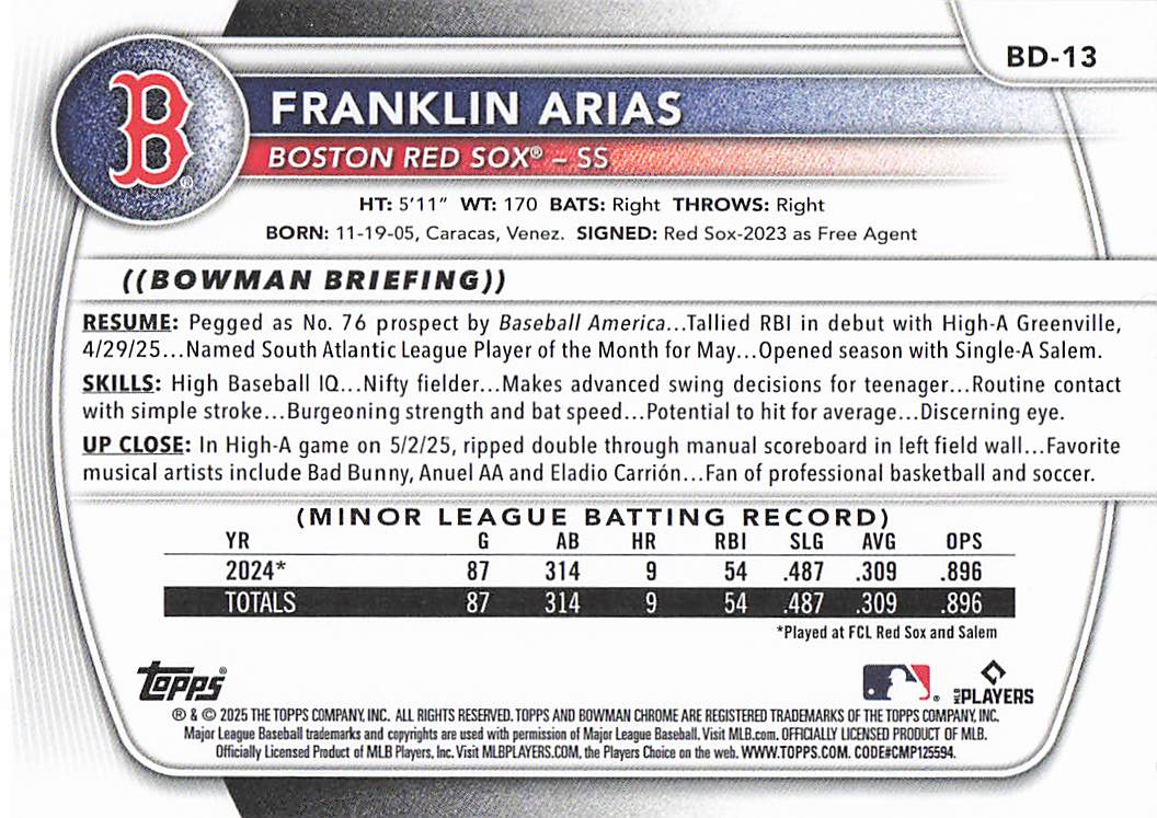 2025 Bowman Draft Baseball Franklin Arias #BD-13