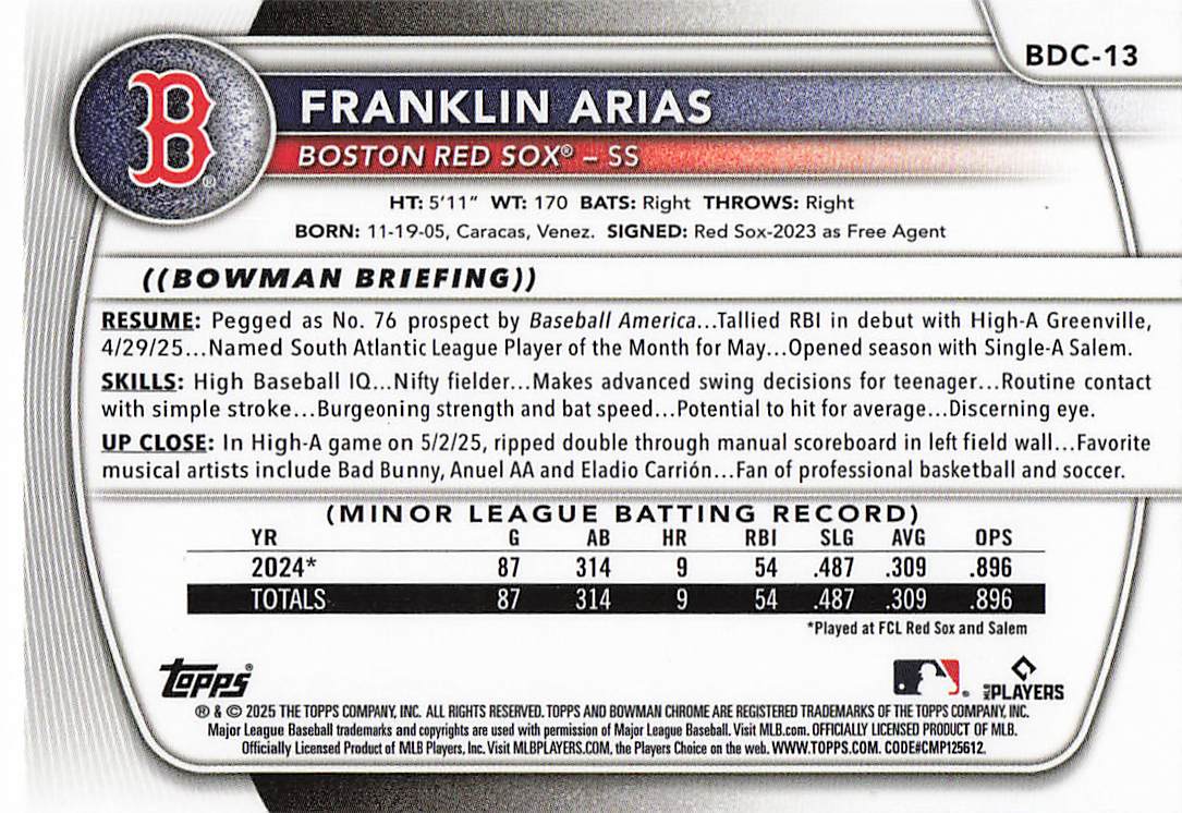 2025 Bowman Draft Baseball Chrome Sky Blue Refractor Franklin Arias #BDC-13