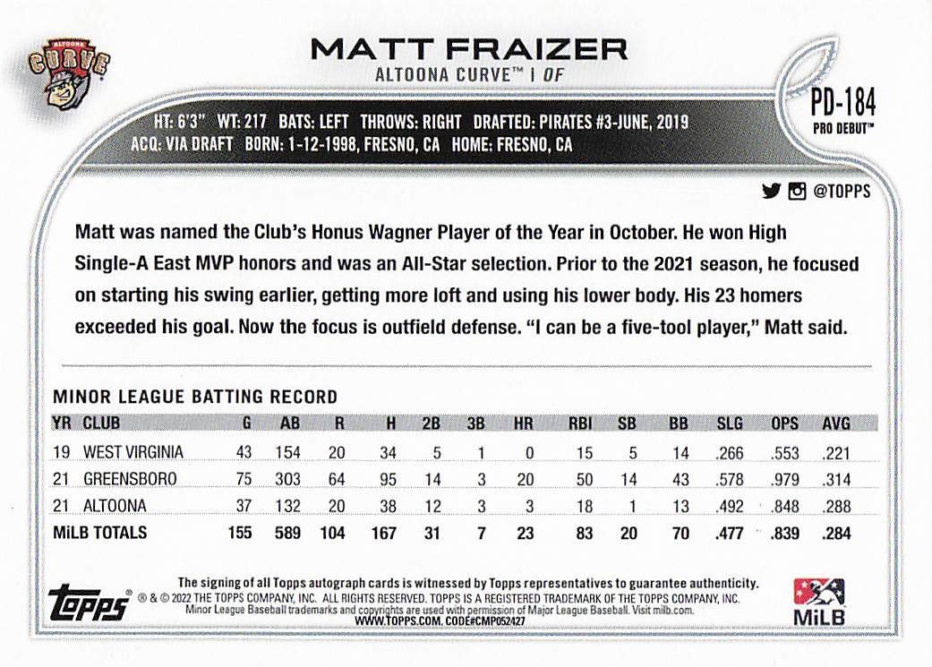 2022 Topps Pro Debut Baseball Autographs Matt Fraizer #PD-184