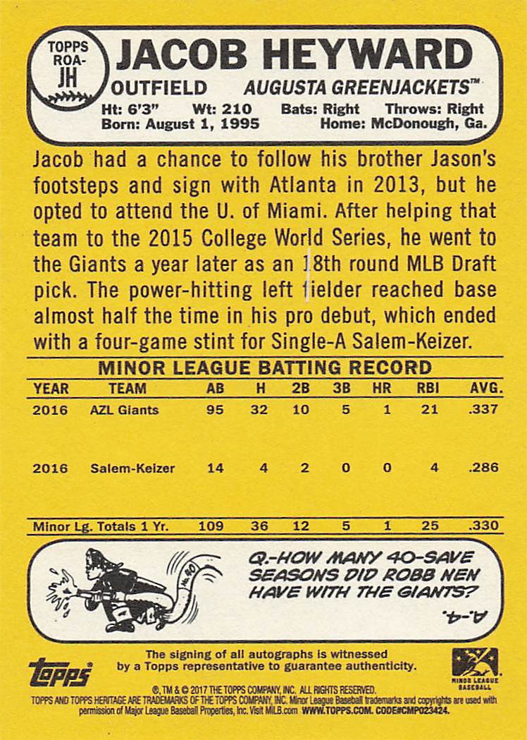 2017 Topps Heritage Minor League Real One Autographs Jacob Heyward #ROA-JH