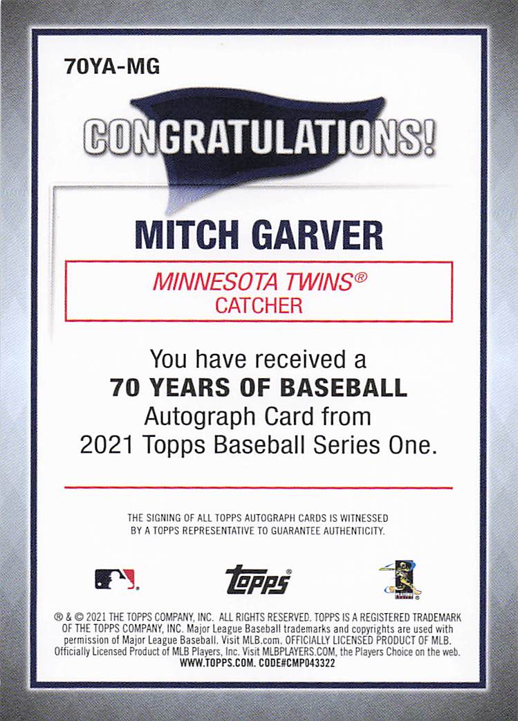 2021 Topps Baseball 70 Years of Baseball Autographs Mitch Garver #70YA-MG