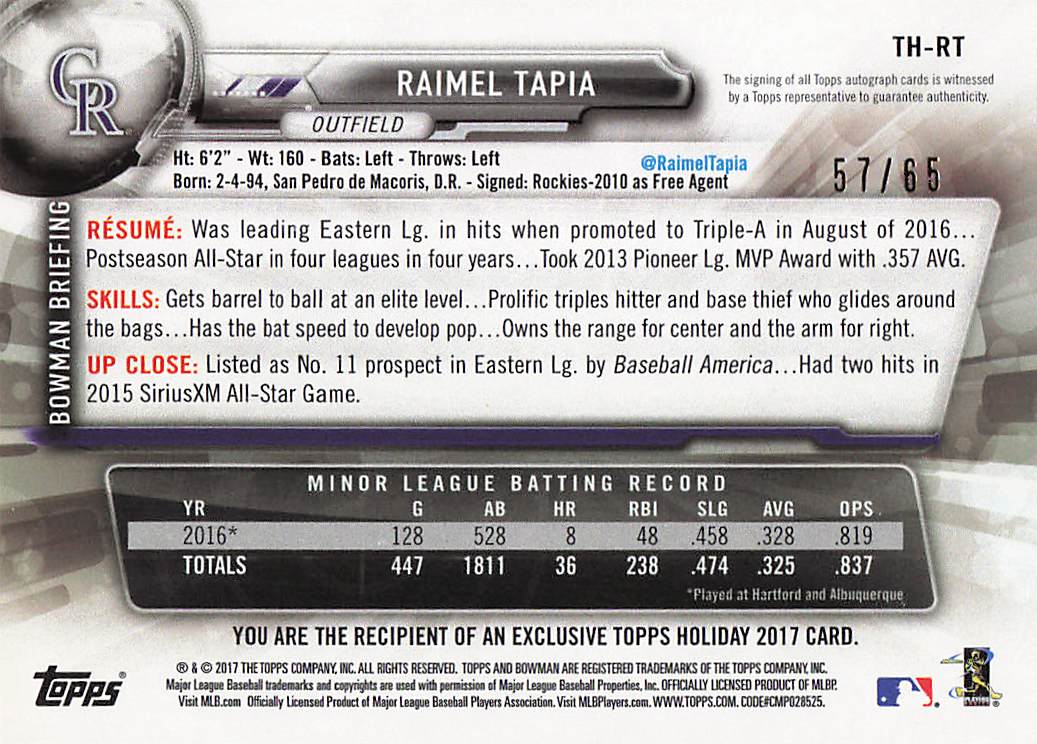 2017 Topps Holiday Bowman Baseball autograph 57/65 Raimel Tapia #TH-RT