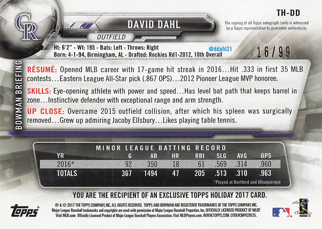 2017 Topps Holiday Bowman Baseball Autograph 16/99 David Dahl #TH-DD Rookie