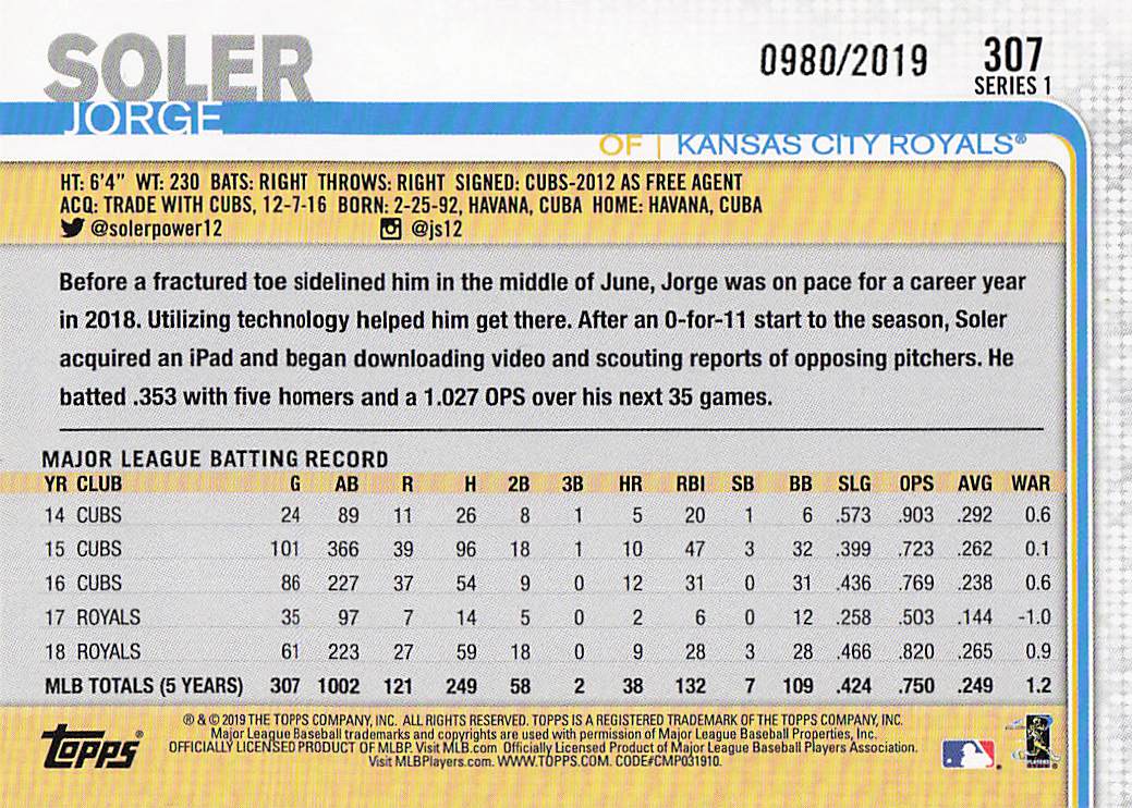 2019 Topps Baseball Gold 0980/2019 Jorge Soler #307