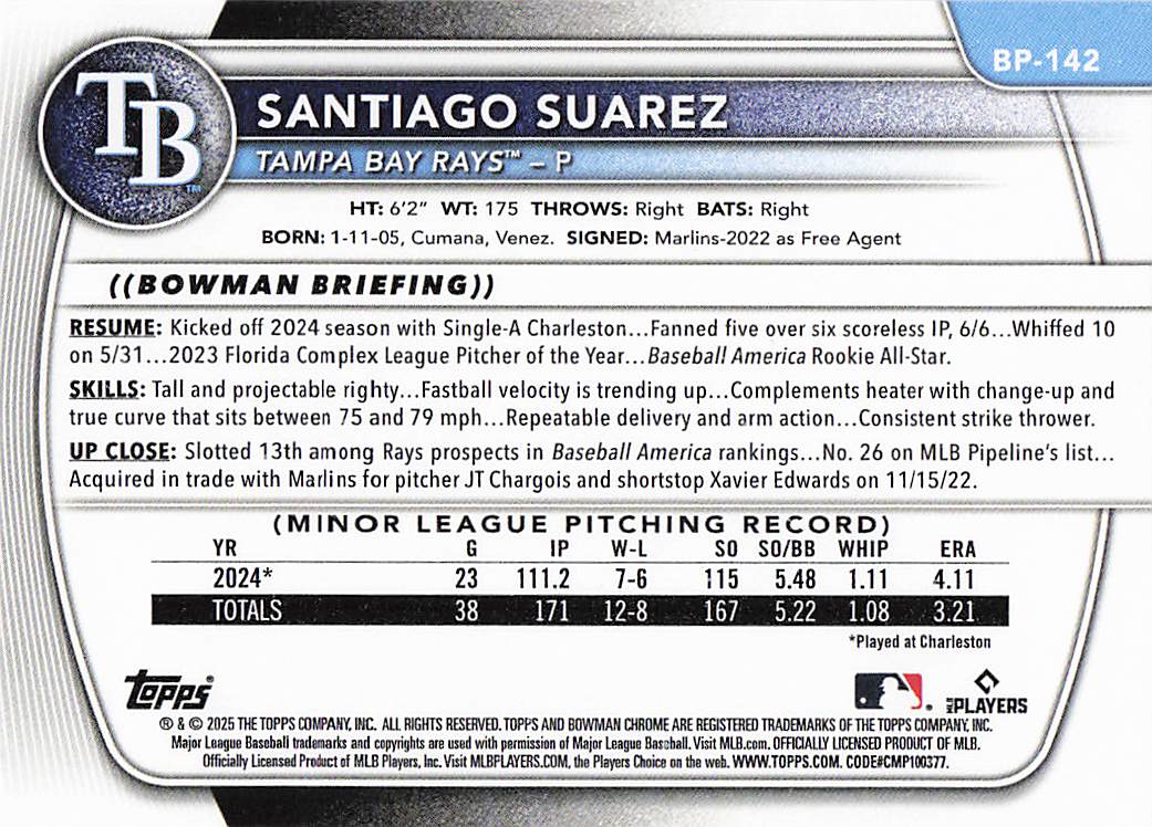 2025 Bowman Baseball Prospects Santiago Suarez #BP-142