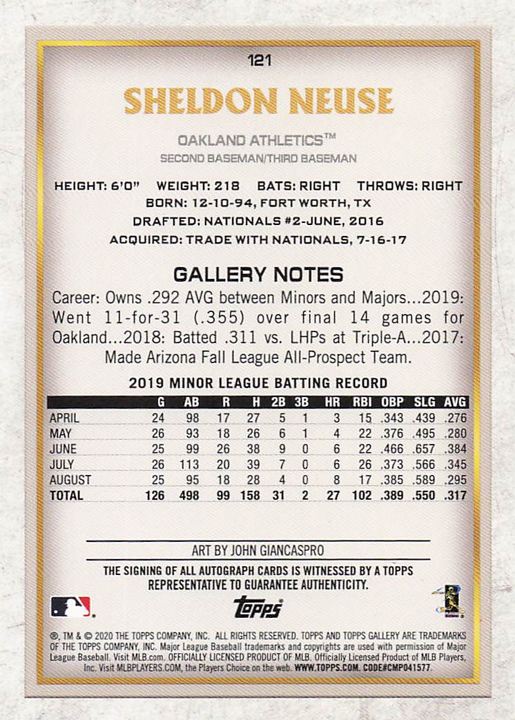 2020 Topps Gallery Baseball Autographs Sheldon Neuse #121 Rookie