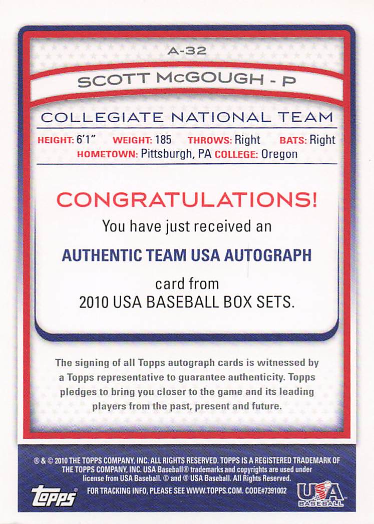 2010 Topps USA Baseball Baseball Autographs Red 24/99 Scott McGough #A32