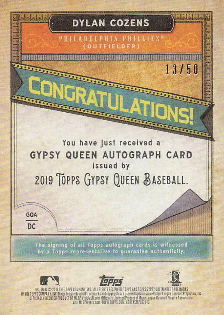 2019 Topps Gypsy Queen Autographs Black and White 13/50 Dylan Cozens #GQA-DC