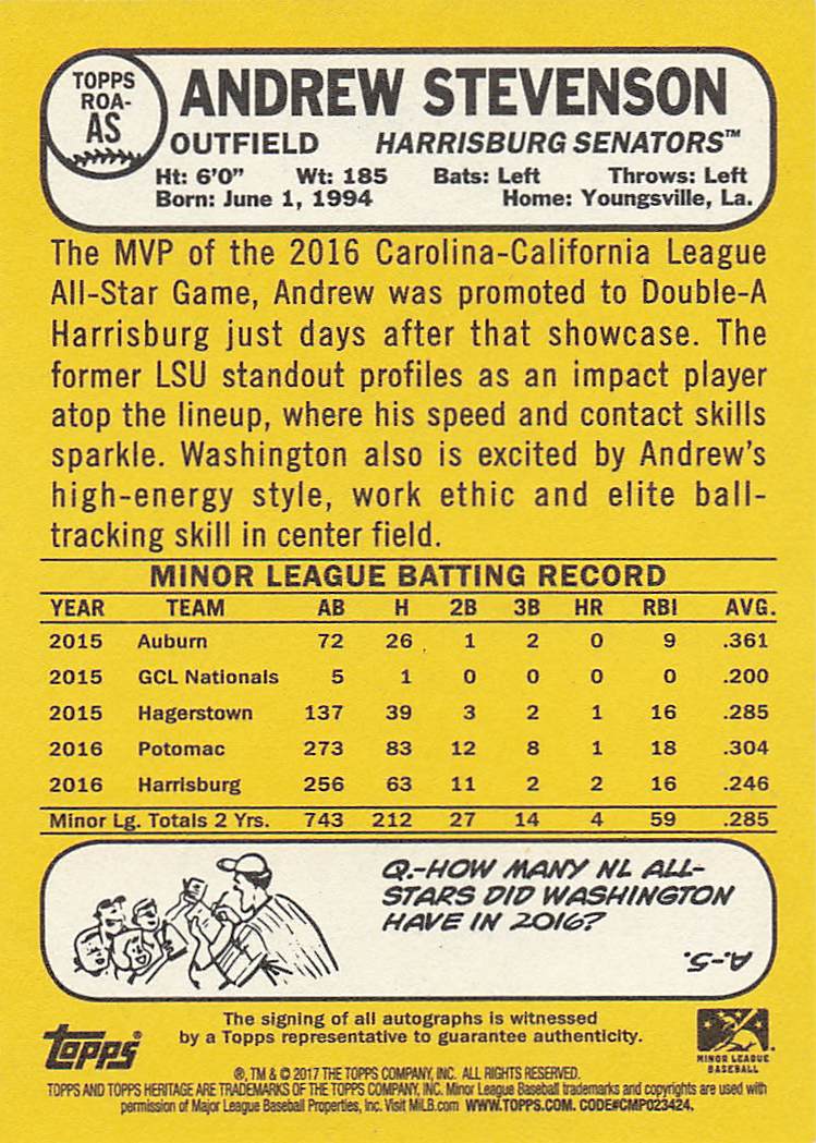 2017 Topps Heritage Minor League Real One Autographs Andrew Stevenson #ROA-AS