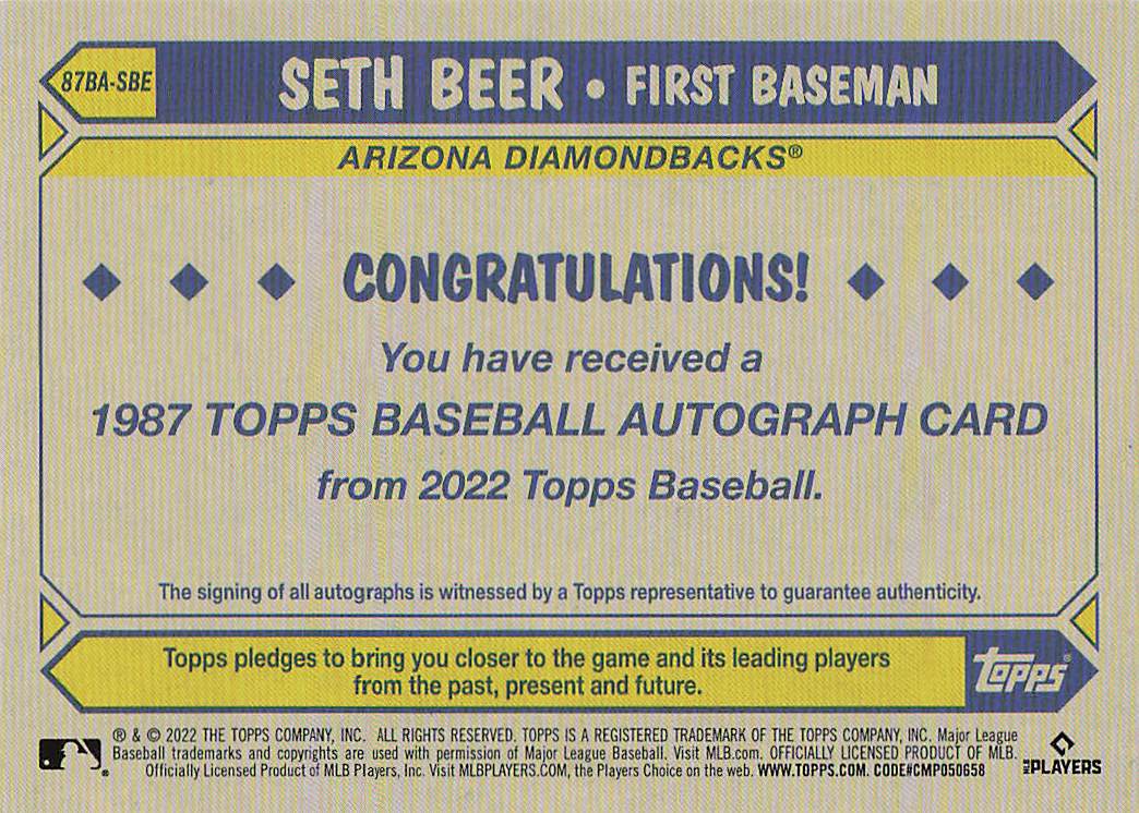 2022 Topps Baseball 1987 Topps 35th Anniversary Autographs Seth Beer #87BA-SBE