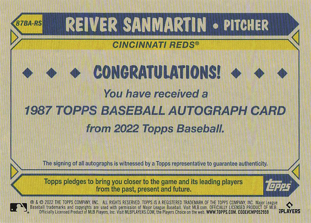 2022 Topps Update 1987 Topps Autographs Reiver Sanmartin #87BA-RS