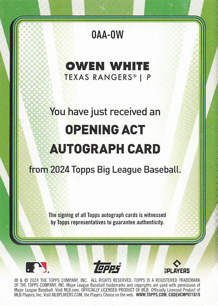 2024 Topps Big League Baseball Opening Act Autographs Owen White #OAA-OW