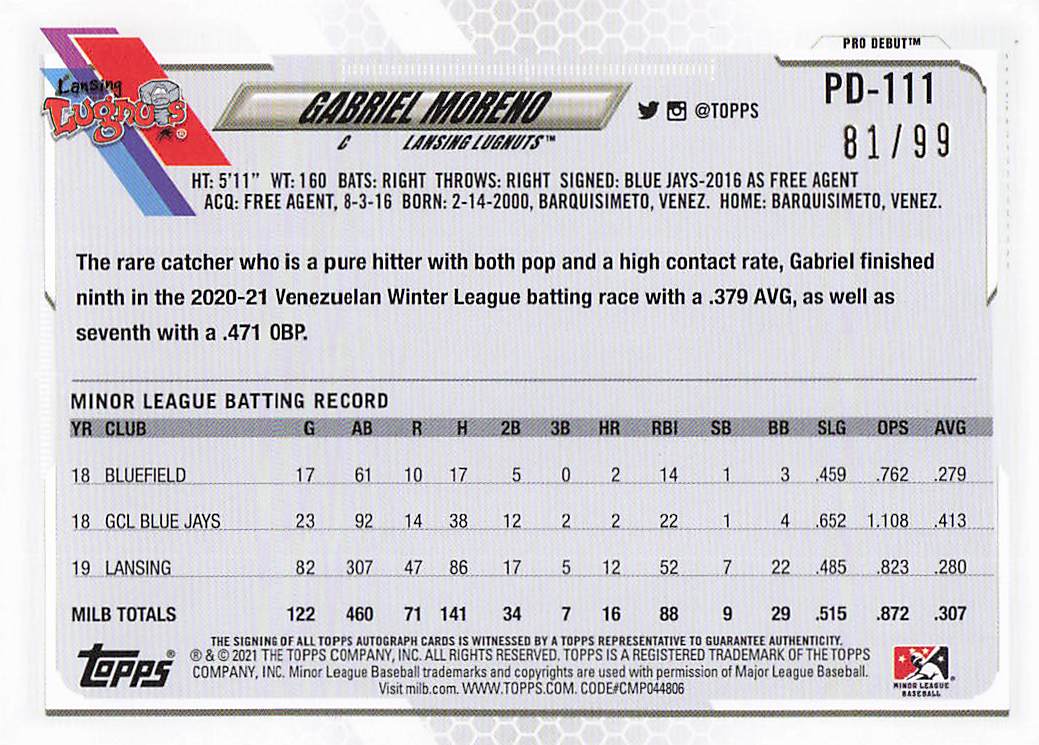 2021 Topps Pro Debut Baseball Autographs Green 81/99 Gabriel Moreno #PD-111