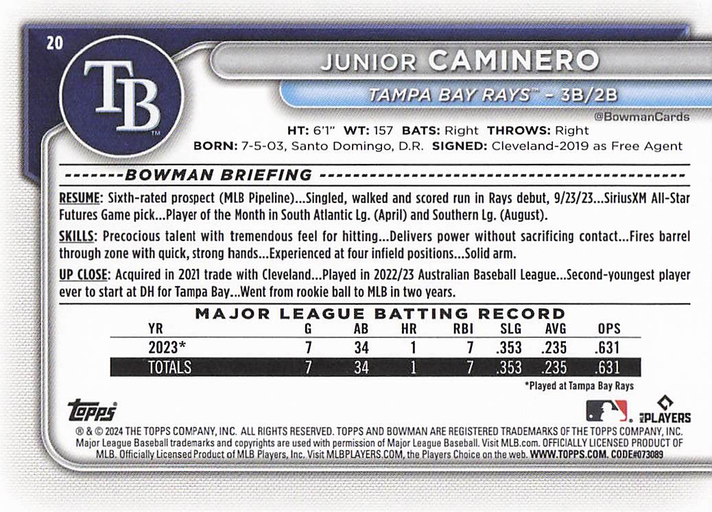 2024 Bowman Baseball Junior Caminero #20 Rookie