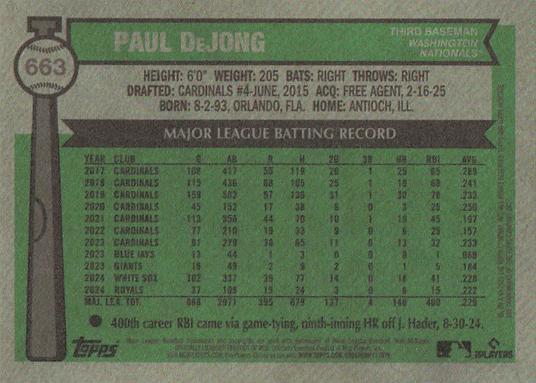 2025 Topps Heritage Baseball Paul DeJong #663