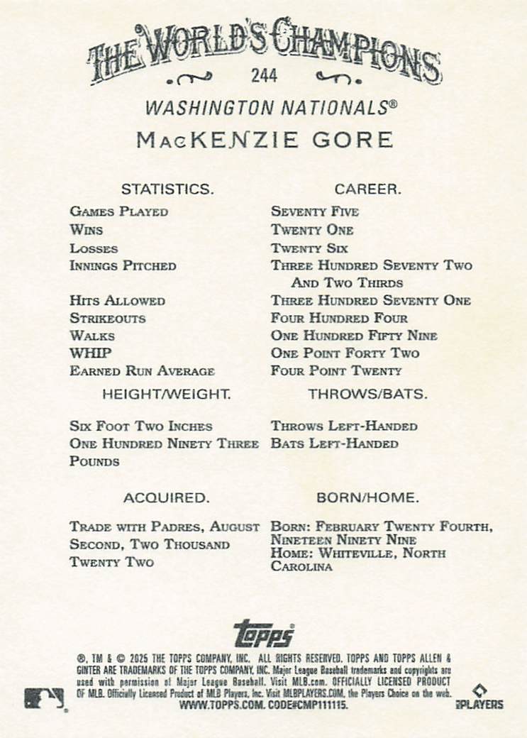 2025 Topps Allen & Ginter Baseball MacKenzie Gore #244