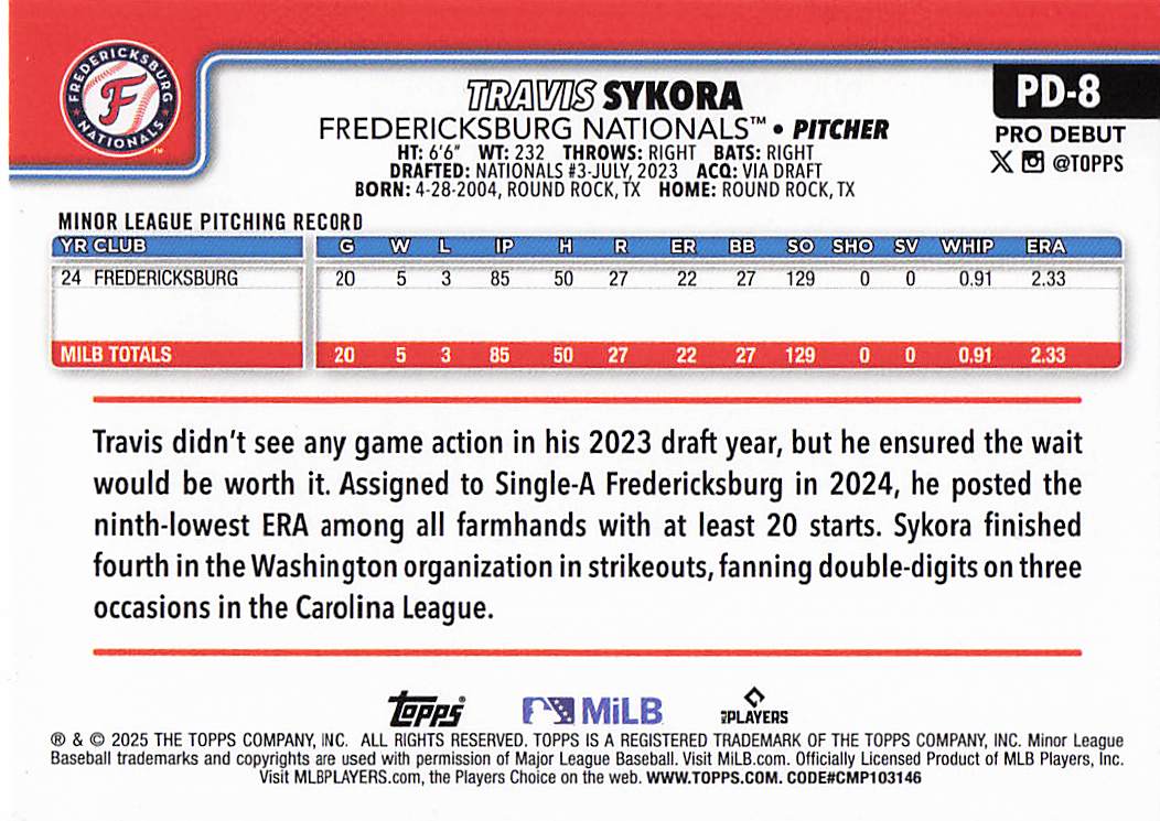 2025 Topps Pro Debut Baseball Travis Sykora #PD-8