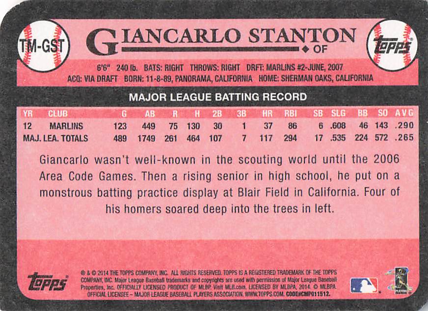2014 Topps Update Baseball 1989 Die Cut Minis Giancarlo Stanton #TM-GST