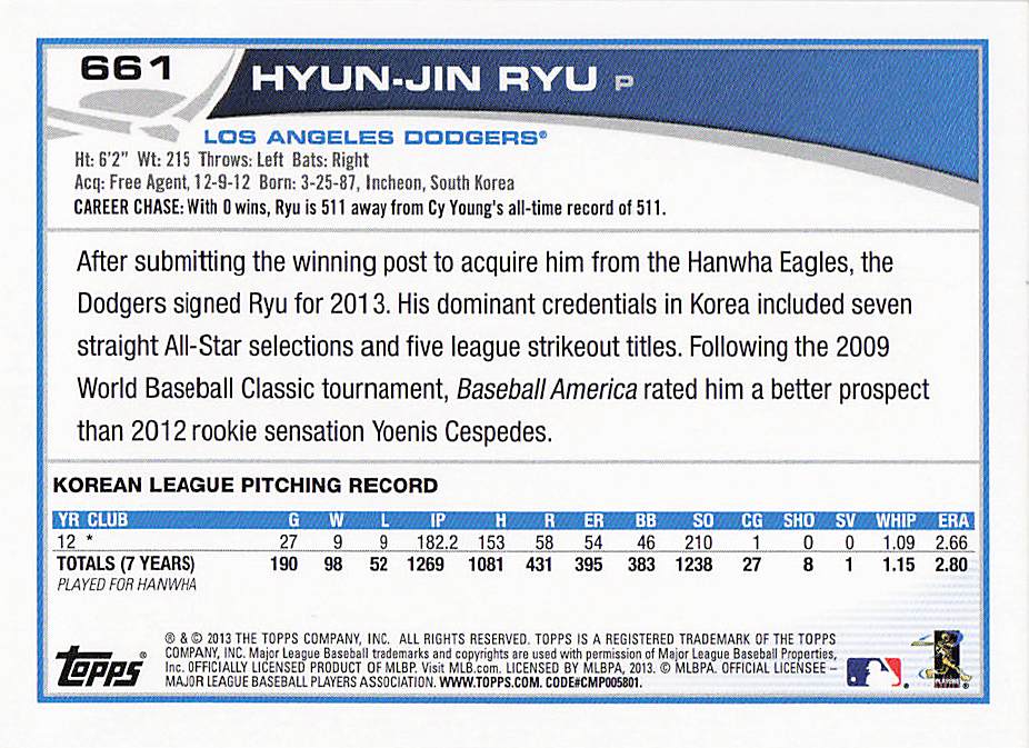 2013 Topps Mini Baseball Hyun-Jin Ryu #661 Rookie