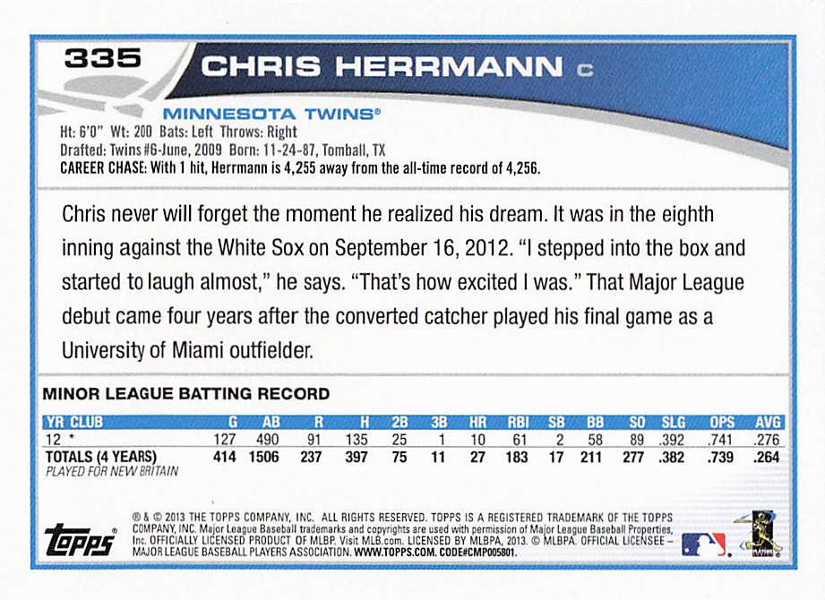 2013 Topps Mini Baseball Chris Herrmann #335 Rookie