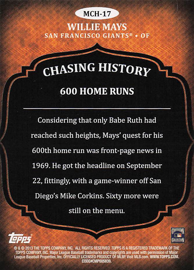 2013 Topps Mini Baseball Chasing History Willie Mays #MCH-17