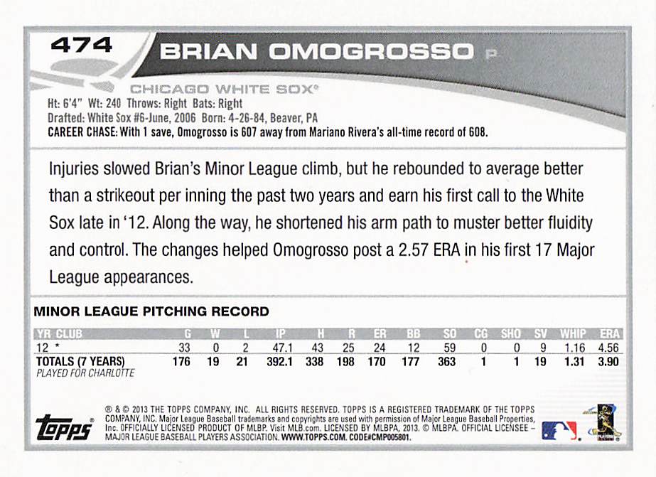 2013 Topps Mini Baseball Brian Omogrosso #474 Rookie