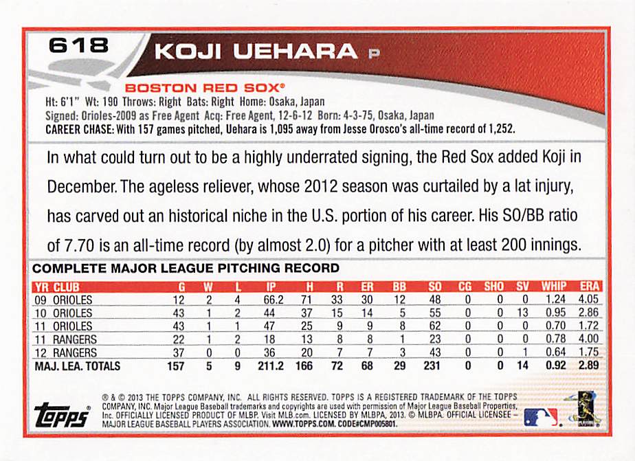 2013 Topps Mini Baseball Koji Uehara #618
