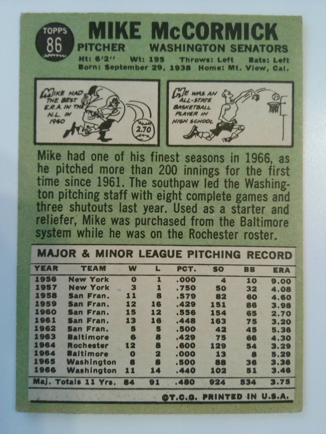 1967 Topps Baseball Mike McCormick #86a