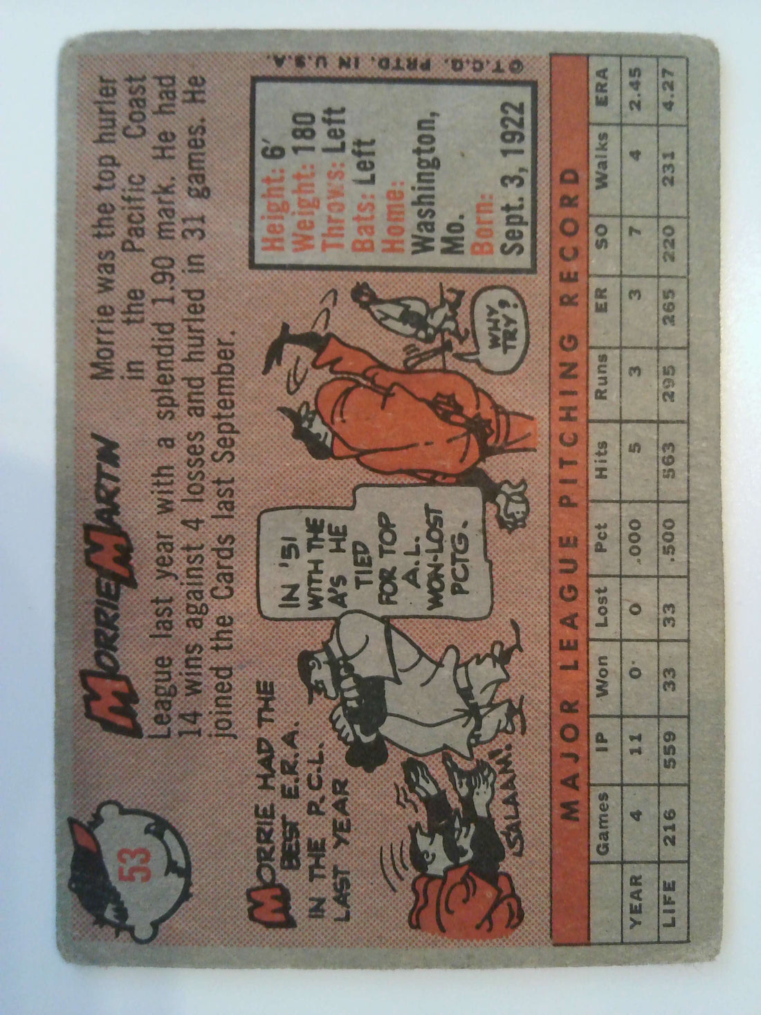 1958 Topps Baseball Morrie Martin #53b