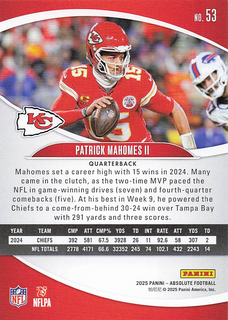 2025 Panini Absolute Football Red Patrick Mahomes II #53
