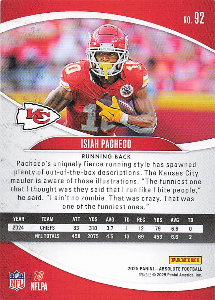 2025 Panini Absolute Football Retail Isiah Pacheco #92