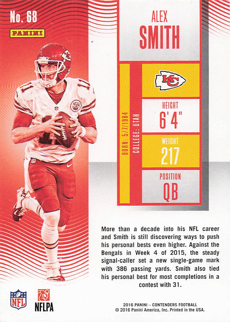 2016 Panini Contenders Football Alex Smith #68