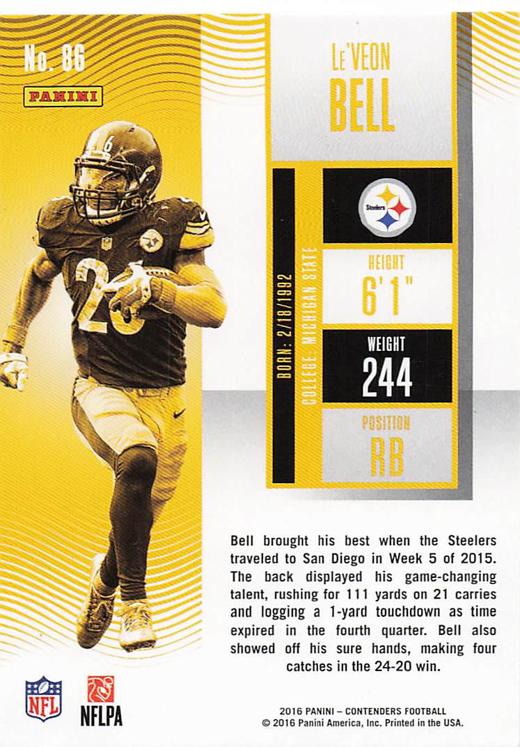 2016 Panini Contenders Football Le'Veon Bell #86