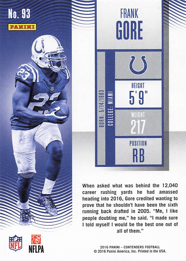 2016 Panini Contenders Football Frank Gore #93