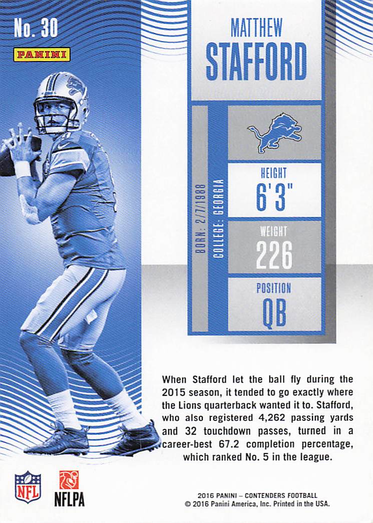 2016 Panini Contenders Football Matthew Stafford #30