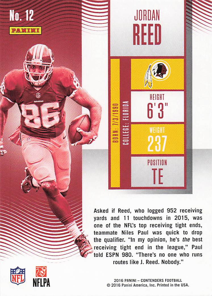 2016 Panini Contenders Football Jordan Reed #12